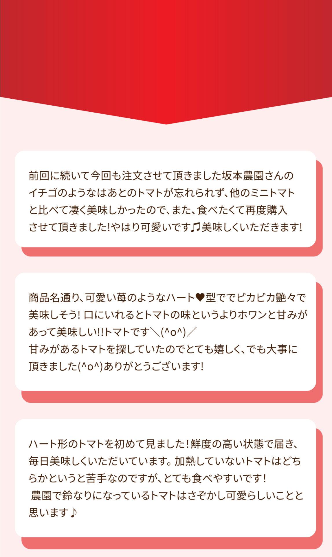 前回に続いて今回も注文させていただきました。坂本農園さんのイチゴのようなはあとのトマトが忘れられず、他のミニトマトと比べて凄く美味しかったので、また、食べたくて再度購入させていただきました！やはり可愛いです♫美味しくいただきます！ 商品名通り、可愛い苺のようなハート♡型でピカピカ艶々で美味しそう！口に入れるとトマトの味というよりホワンと甘みがあって美味しい‼️トマトです\(^o^)/甘みがあるトマトを探していたのでとても嬉しく、でも大事に頂きました(^o^)ありがとうございます！ ハート形のトマトを初めて見ました！鮮度の高い状態で届き、毎日美味しくいただいています。加熱していないトマトはどちらかというと苦手なのですが、とても食べやすいです！農園で鈴なりになっているトマトはさぞかし可愛らしいことと思います♪