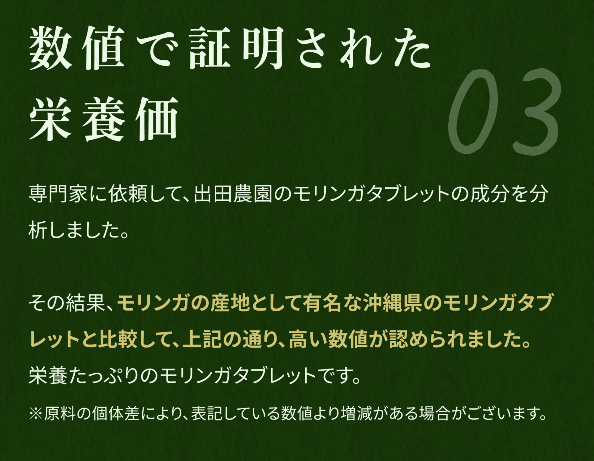 03 数値で証明された栄養価 専門家に依頼して、出田農園のモリンガタブレットの成分を分析しました。その結果、モリンガの産地として有名な沖縄県のモリンガタブレットと比較して、上記の通り高い、高い数値が認められました。栄養たっぷりのモリンガタブレットです。