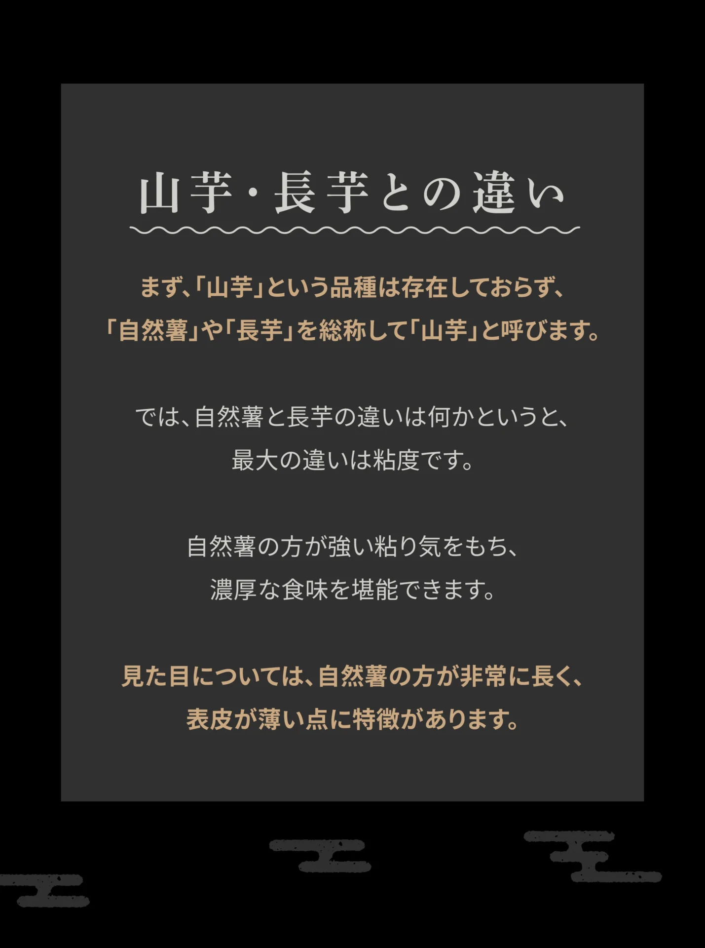 山芋・長芋との違い まず、「山芋」という品種は存在しておらず、「自然薯」や「長芋」を総称して「山芋」と呼びます。では、自然薯と長芋の違いは何かというと、最大の違いは粘度です。自然薯のほうが強い粘り気をもち、濃厚な食味を堪能できます。見た目については、自然薯のほうが非常に長く、表皮が薄い点に特徴があります。