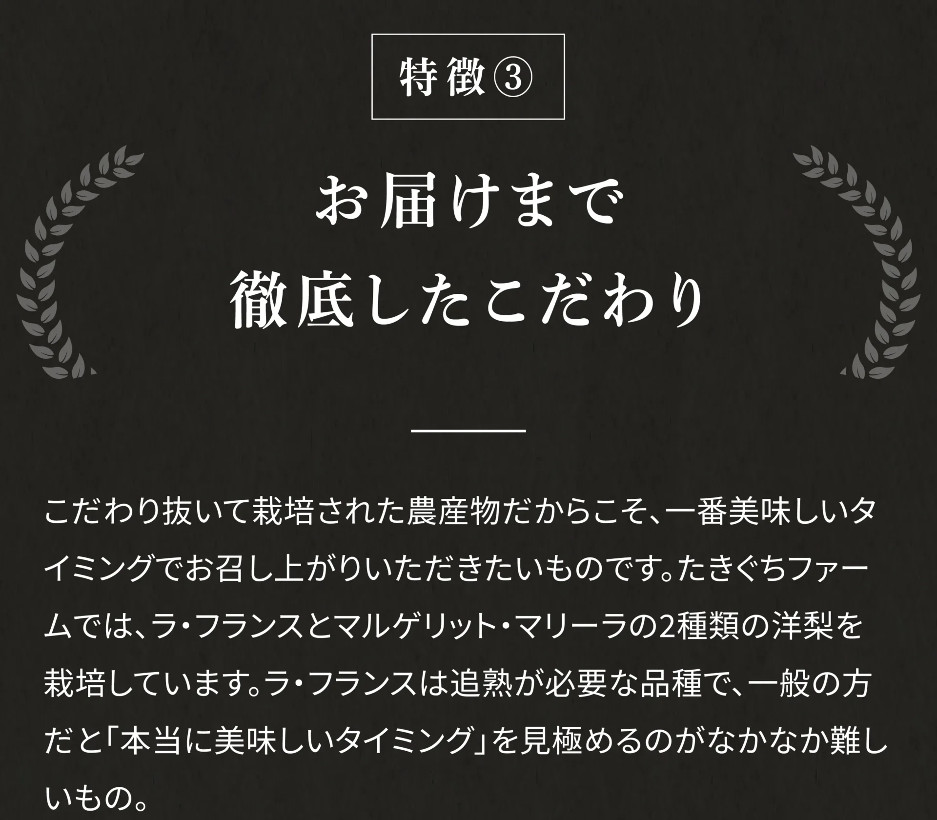 特徴③ お届けまで徹底したこだわり こだわり抜いて栽培された農作物だからこそ、一番美味しいタイミングでお召し上がりいただきたいものです。たきぐちファームでは、ラ・フランスとマルゲリット・マリーラの2種類の洋梨を栽培しています。ラ・フランスは追熟が必要な品種で、一般の方だと「本当に美味しいタイミング」を見極めるのがなかなか難しいもの。