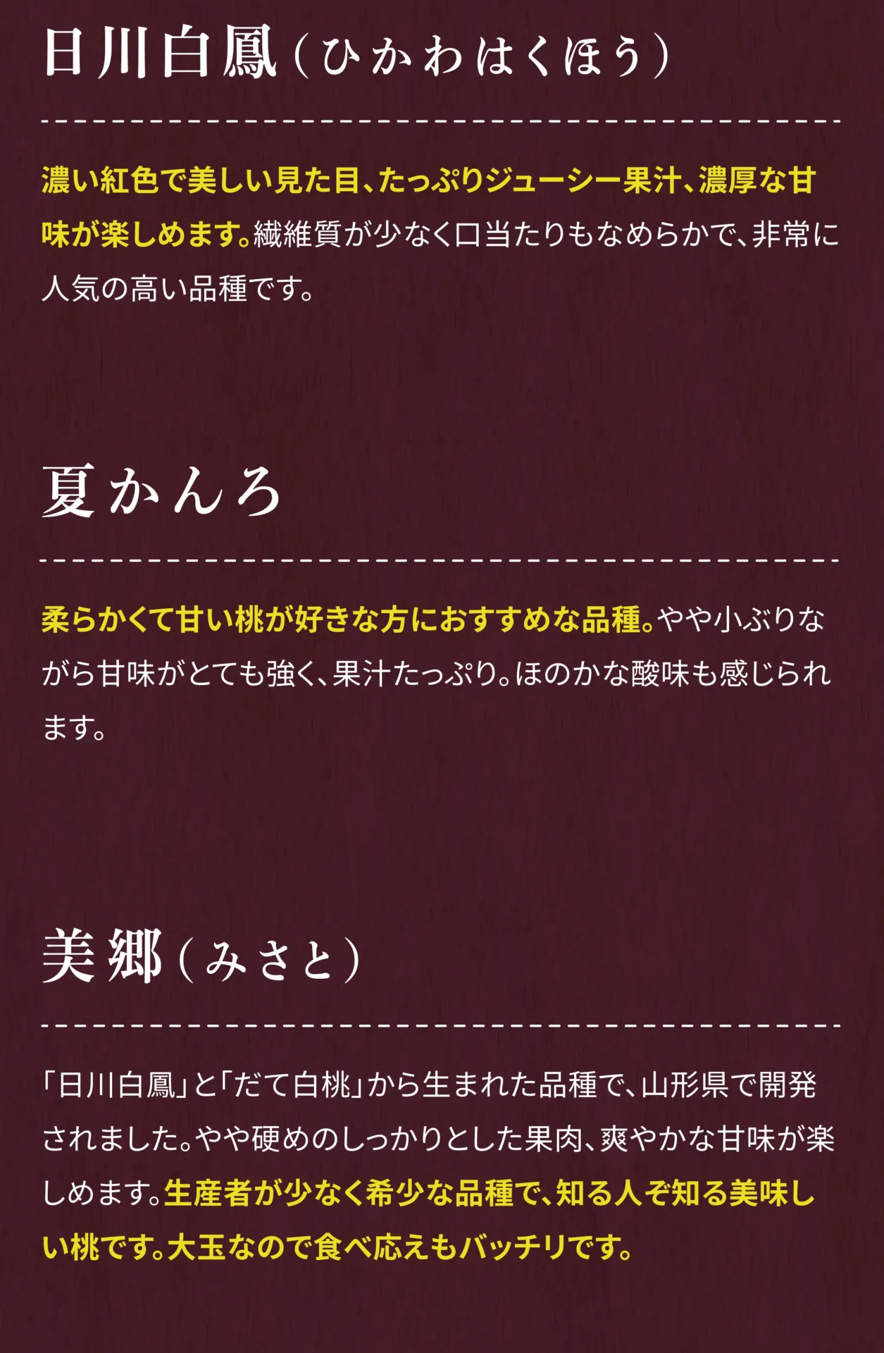 日川白鳳(ひかわはくほう) 濃い紅色で美しい見た目、たっぷりジューシー果汁、濃厚な甘味が楽しめます。繊維質が少なく口当たりもなめらかで、非常に人気の高い品種です。 夏かんろ 柔らかくて甘い桃が好きな方におすすめな品種。やや小ぶりながら甘みがとても強く、果汁たっぷり。ほのかな酸味も感じられます。 美郷(みさと) 「日川白鳳」と「だて白桃」から生まれた品種で、山形県で開発されました。やや硬めのしっかりとした果肉、爽やかな甘味が楽しめます。生産者が少なく希少な品種で、知る人ぞ知る美味しい桃です。大玉なので食べ応えもバッチリです。