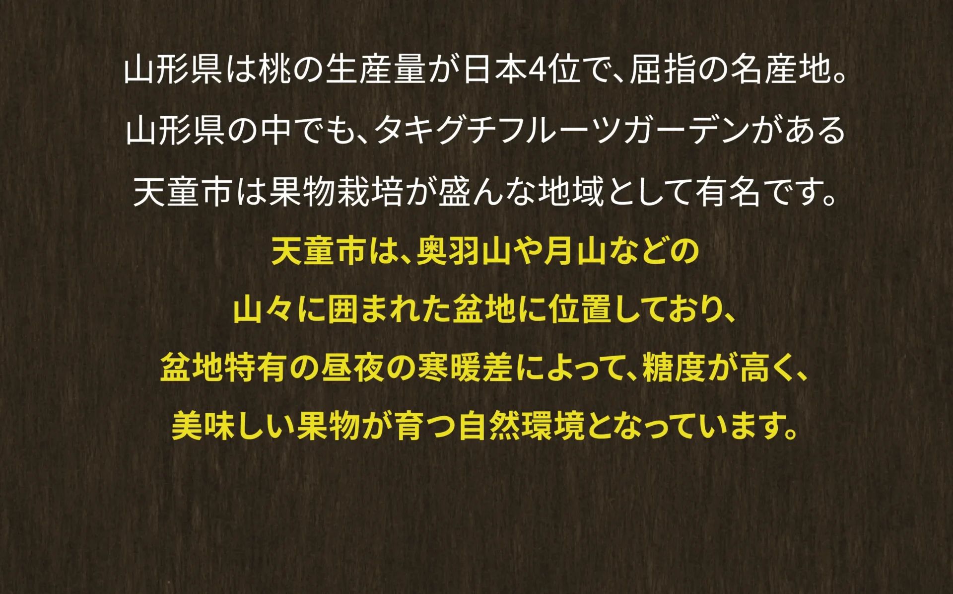 山形県は桃の生産量が日本4位で、屈指の名産地。山形県の中でも、タキグチフルーツガーデンがある天童市は果物栽培が盛んな地域として有名です。天童市は、奥羽山や月山などの山々に囲まれた盆地に位置しており、盆地特有の昼夜の寒暖差によって、糖度が高く、美味しい果物が育つ自然環境となっています。