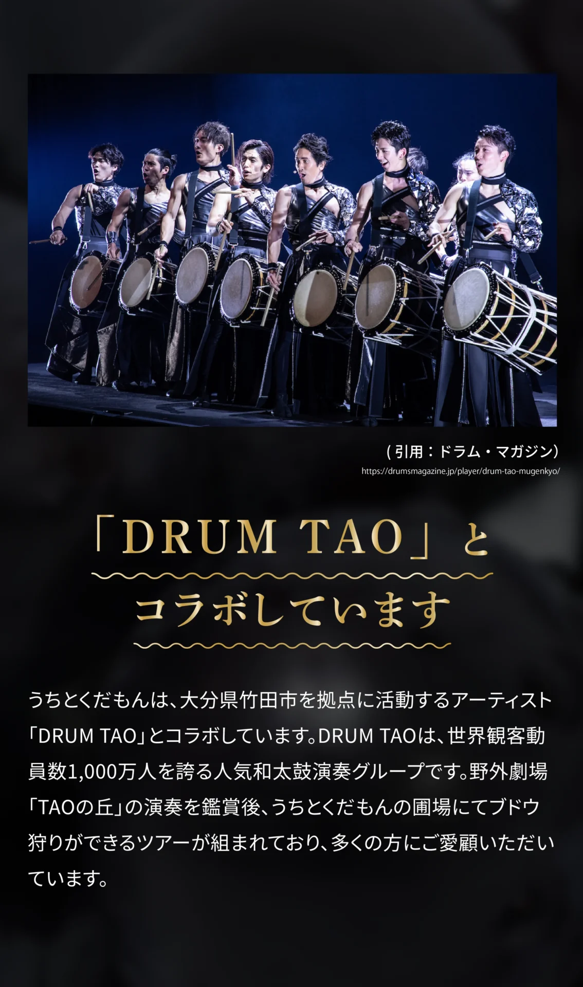 「DRUM TAO」とコラボしています うちとくだもんは、大分県竹田市を拠点に活動するアーティスト「DRUM TAO」とコラボしています。DRUM TAOは、世界観客動員数1,000万人を誇る人気和太鼓演奏グループです。野外劇場「TAOの丘」の演奏を鑑賞後、うちとくだもんの圃場にてブドウ狩りができるツアーが組まれており、多くの方にご愛顧いただいています。